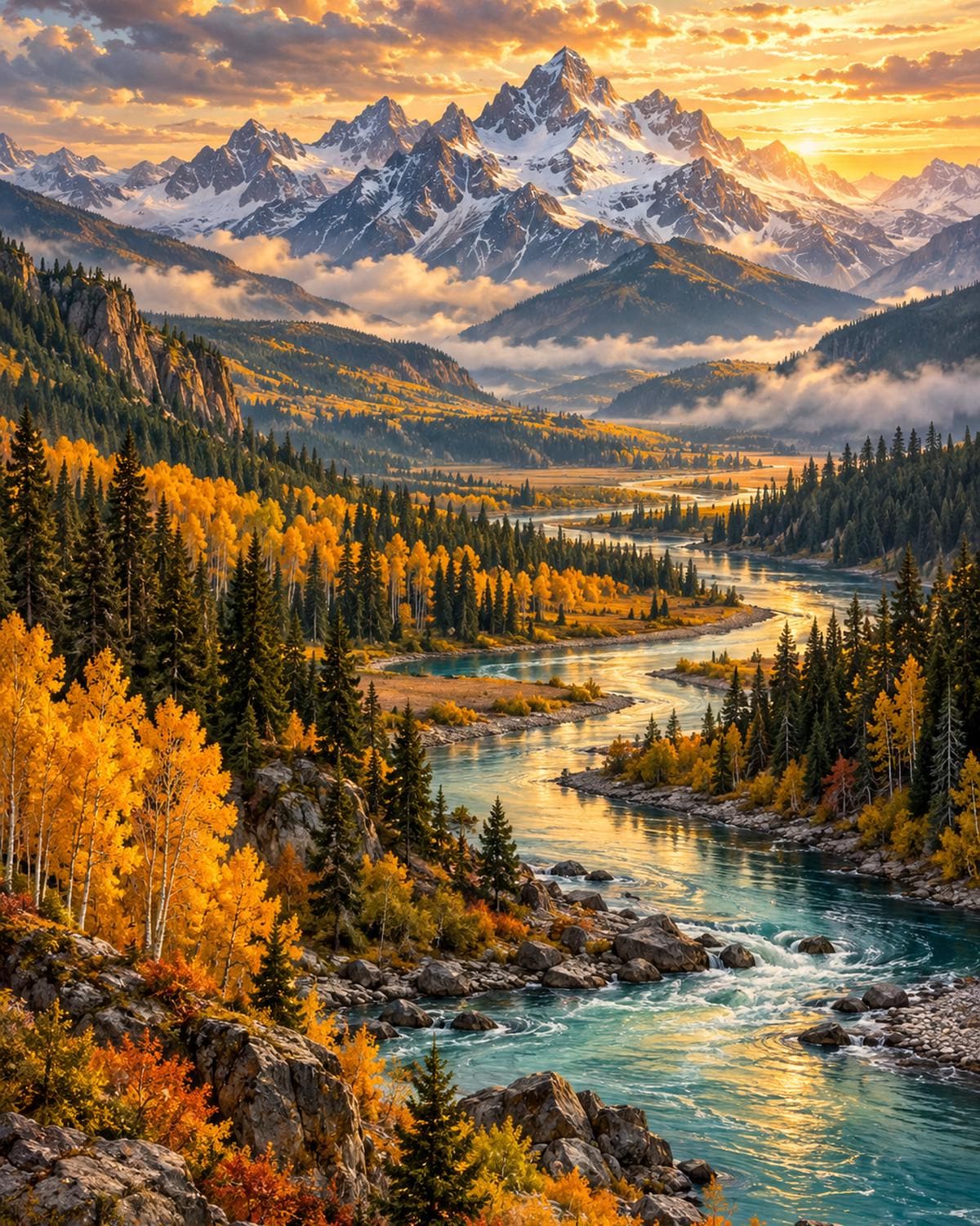 Alpine River Glow Canvas Wall Art | Landscape Decor | 16x20 or 24x36