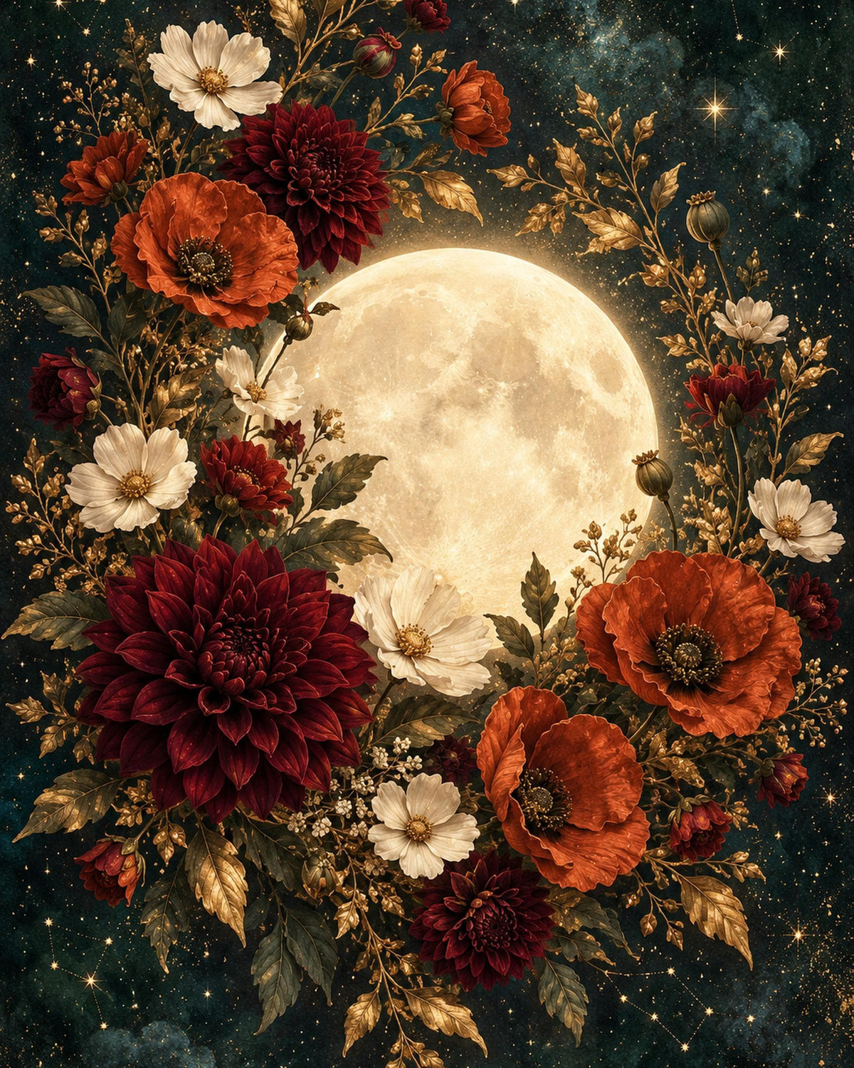 Harvest Full Moon Canvas Wall Art | Celestial floral Decor | 16x20 or 24x36