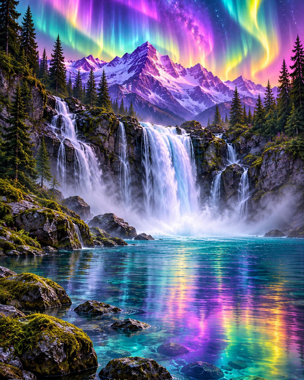 Waterfall Aurora Canvas Wall Art | Northern lights Decor | 16x20 or 24x36