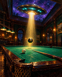 UFO Billiards Canvas Wall Art, Alien Eight Ball Beam Over Pool Table, 16x20 or 24x36