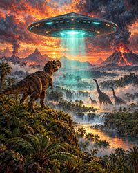 UFO and Dinosaurs Canvas Wall Art, Prehistoric Alien Sighting, Fantasy Jungle Painting, 16x20 or 24x36