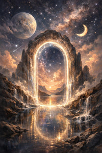 Celestial Portal with Lunar and Planetary Elements Canvas Wall Art, Surreal Fantasy Decor, Mystical Home Accent