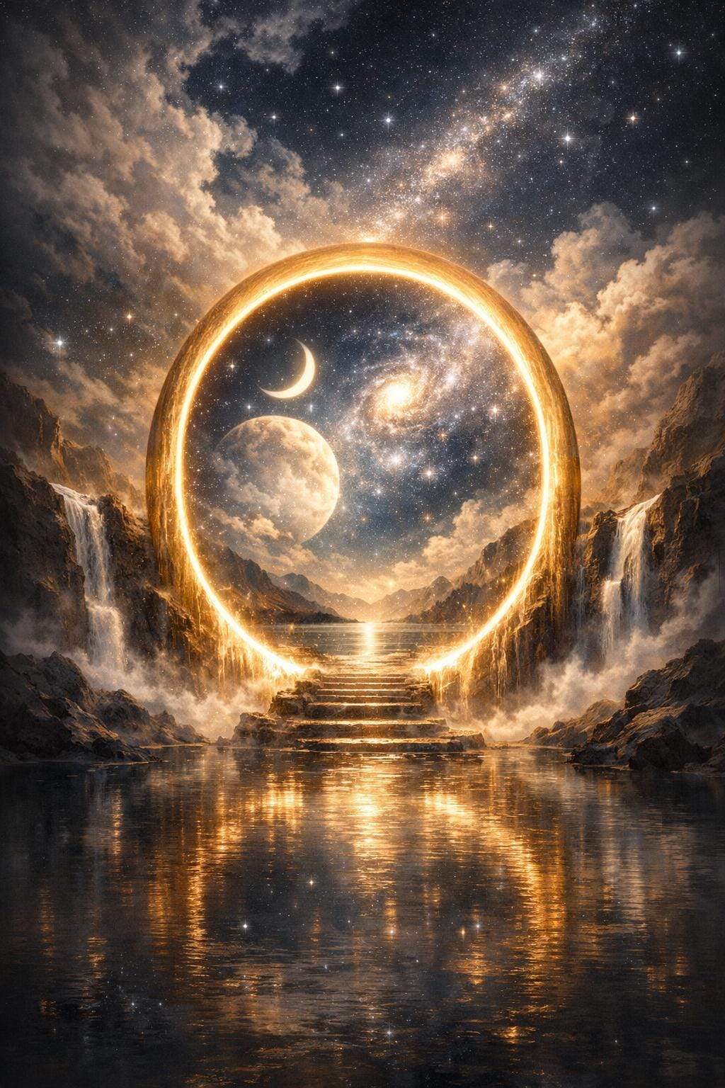 Golden Celestial Portal Canvas Wall Art, Surreal Cosmic Gateway, Mystical Waterfall Decor