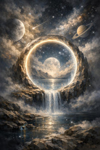 Mystical Celestial Waterfall Portal Canvas Wall Art, Surreal Cosmic Landscape, Dreamy Home Decor