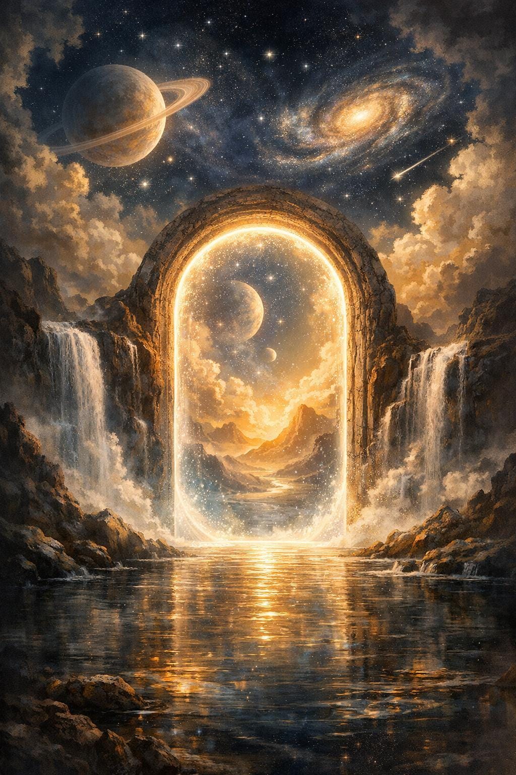 Golden Celestial Portal Canvas Wall Art, Surreal Cosmic Gateway, Mystical Landscape Decor